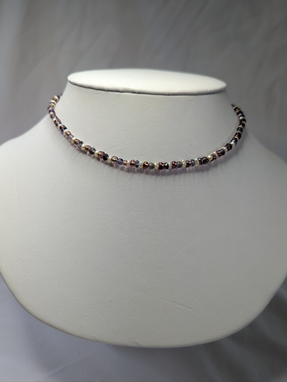 Delicate Iridescent Genuine Amethyst, Pearl And Glass Bead Choker Necklace